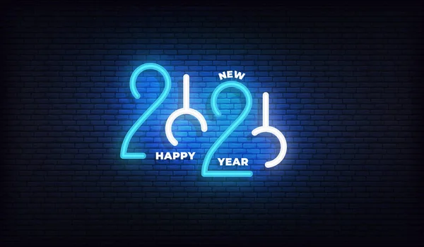 2020年新年霓虹灯标志。发光2020新年快乐排版设计模板 — 图库矢量图片