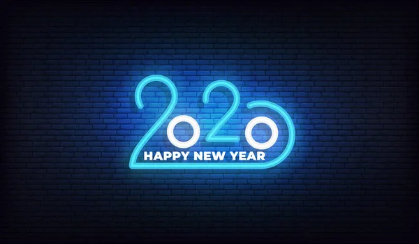 2020年新年霓虹灯标志。发光 2020 新年排版设计模板 — 图库矢量图片