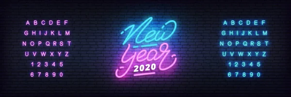 Año Nuevo 2020 diseño de neón. Año Nuevo brillante plantilla de letras de neón — Vector de stock