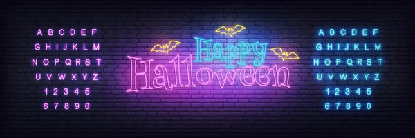 Modello al neon di Halloween. Brillante tipografia neon Halloween con pipistrelli volanti — Vettoriale Stock