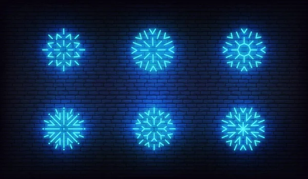 Ícones de floco de neve néon. Vetor brilhante ícones de neve azul neon — Vetor de Stock