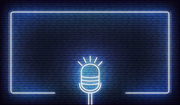 Neon mikrofon ve sınır çerçevesi. Podcast, canlı müzik, stand up, komedi şovu için şablon