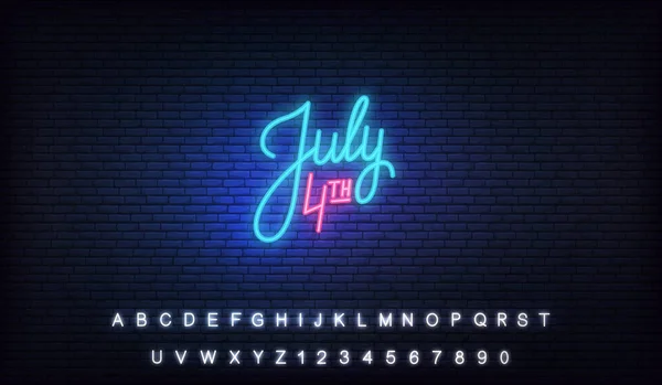 4 de julio neón. EE.UU. Día de la Independencia signo de letras brillantes — Vector de stock
