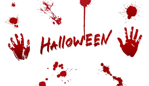 Halloween-Blut. Set aus verschiedenen Blutspritzern und Halloween-Schriftzug — Stockvektor