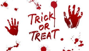 Cadılar Bayramı kanı. Çeşitli kan serpintileri ve şeker mi şaka mı harfleri.