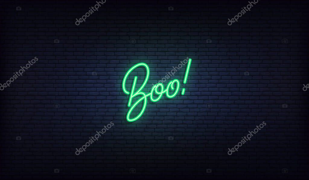 Boo lettering neon sign. Halloween holiday vector design.