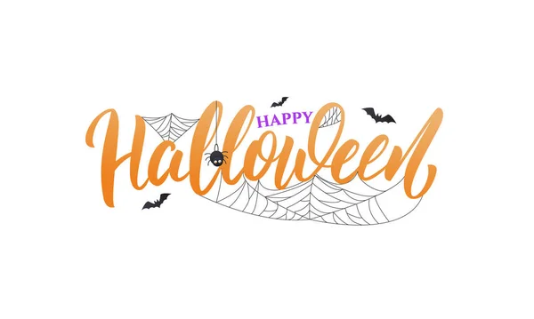 Feliz conceito de letras de Halloween. Caligrafia de férias para Halloween com teia de aranha e morcegos —  Vetores de Stock