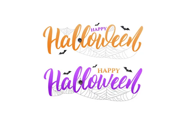 Feliz carta de Halloween. Caligrafia de férias para Halloween com teia de aranha e morcegos —  Vetores de Stock