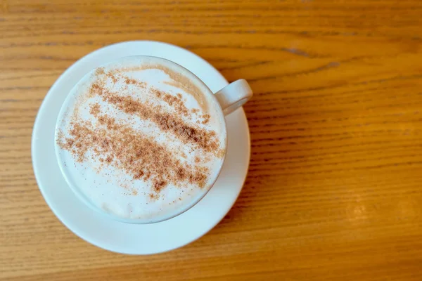 Close Koffie Witte Cup Houten Achtergrond Bovenaanzicht — Stockfoto