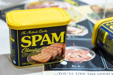 Spam-marka konserve pişmiş et Hormel gıdalar Corporation Saint-Petersburg, Rusya Federasyonu tarafından yapılan Close-up. Mayıs, 06, 2018