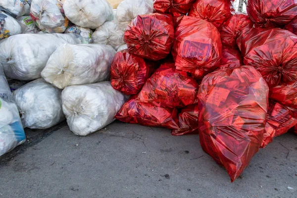 Russia Petersburg April 2018 Rubbish Red Gray Garbage Bags — Stock Photo, Image