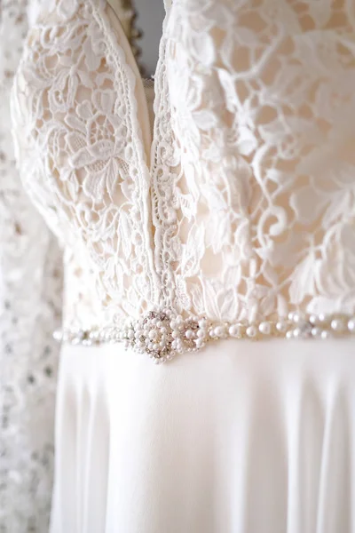 Beautiful Wedding Dress Lace Pearls Concept Selling Wedding Dress Close — Stock Photo, Image