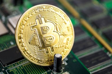 Cryptocurrency, bitcoins çıkarılması için donatım kavramı. Bitcoin çip. 