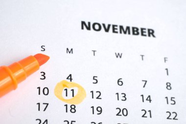 Gaziler günü kavramı. 11 Kasım turuncu bir marker ile 2019 takvimde işaretlenir.