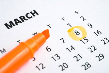 Dünya Kadınlar günü kavramı. Sekizinci Mart turuncu bir marker ile 2019 takvimde işaretlenir.