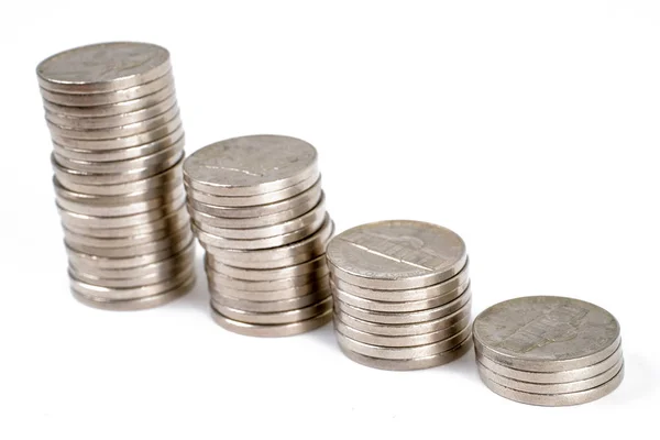 Concept Growth Savings Stacks Coins Ascending White Background — Stock Photo, Image