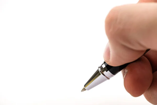 Geïsoleerd Hand Hold Stijlvolle Balpen Metalen Business Pen Een Witte Rechtenvrije Stockafbeeldingen