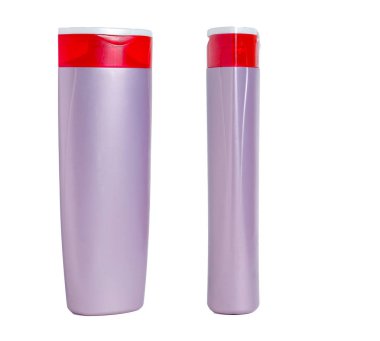 Boş mor plastik izole şişe. Şampuan, kozmetik için ambalaj. Ön ve yan görünüm.