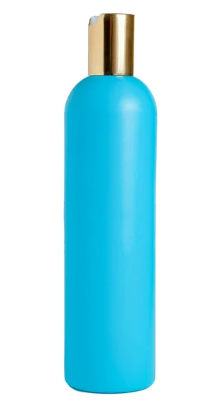 Lege blauwe plastic fles geïsoleerd op witte achtergrond. Verpakking voor cosmetica, shampoo. — Stockfoto