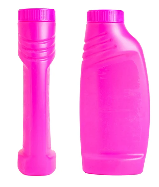 Tom flaska för flytande fläckborttagningsmedel. Ljust rosa plastemballage isolerat. — Stockfoto