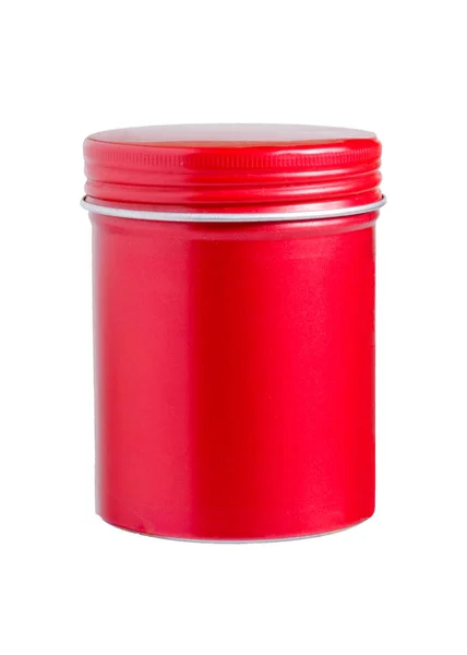 白色背景上隔离的空白红色铝圆柱形容器。头发化妆品包装. — 图库照片