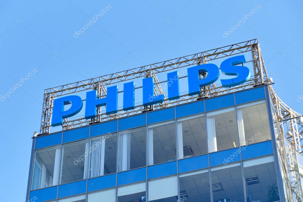 Russia, St.Petersburg - 15 june 2020: Microsoft logo on the roof of a skyscraper.