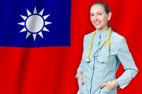 Taiwan Province healthcare concept with doctor on flag background. Medical insurance, work or study in the country