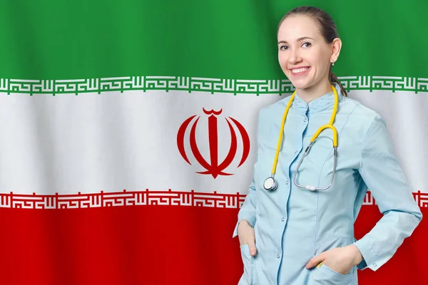 旗の背景に医師とイランの医療概念のイスラム共和国 医療保険 国内での仕事や研究 — ストック写真