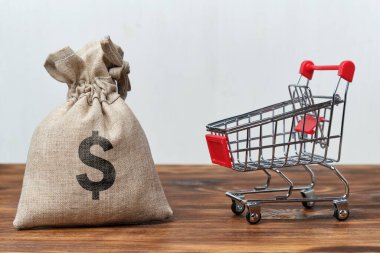 Alışveriş konsepti. Bir çanta dolusu para bir market arabasının yanında.