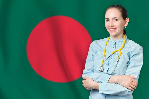 People Republic of Bangladesh healthcare concept with doctor on flag background. Medical insurance, work or study in the country