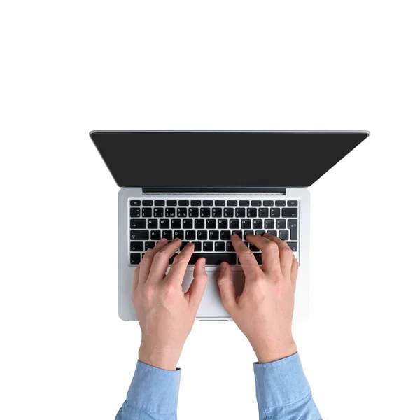 Ręce Laptopie Białym Tle Izolacja — Zdjęcie stockowe