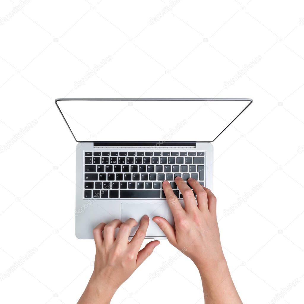 Hands on a laptop with top view on a white background. Isolated.