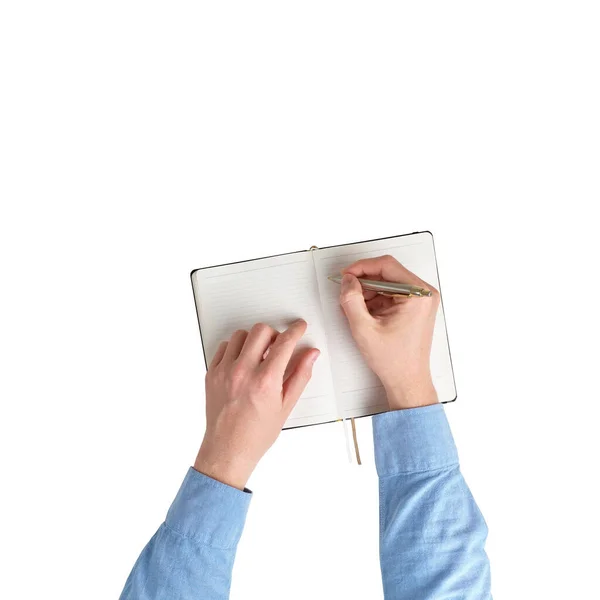 シャツを着た男性の手が日記にメモを取っている トップビューと白の背景 — ストック写真