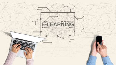 Sarı arkaplanda soyut grafiklerle e-öğrenme kavramı.