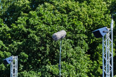 Yeşil ağaçların arka planına sahip profesyonel camgeçirmez mikrofon.