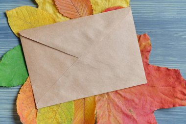 Kurumuş yaprakların üzerindeki el işi zarfı ile sonbahar kavramı.