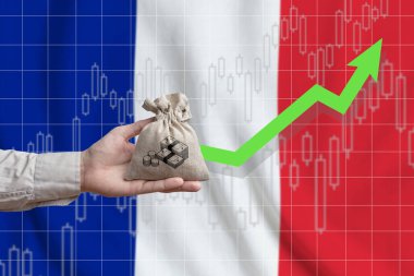 Fransa Cumhuriyeti 'nde ekonomik büyüme kavramı. Elinde para dolu bir çanta ve yukarı doğru bir ok var..