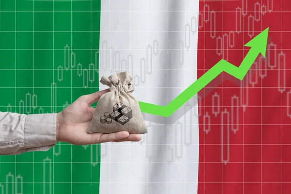이탈리아 공화국의 성장의 개념이다 손에는 돈이든 가방을 치솟는 화살을 — 스톡 사진