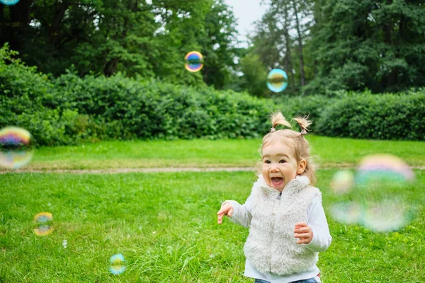 Portrait Happy Caucasian Child Running Park Soap Bubbles — Stock Photo, Image