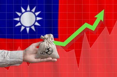 Tayvan Eyaleti 'nde ekonomik büyüme kavramı. Elinde para dolu bir çanta ve yukarı doğru bir ok var..
