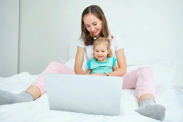 Caucasian Toddler Playing Laptop Mom While Sitting Bed — Stock Photo, Image