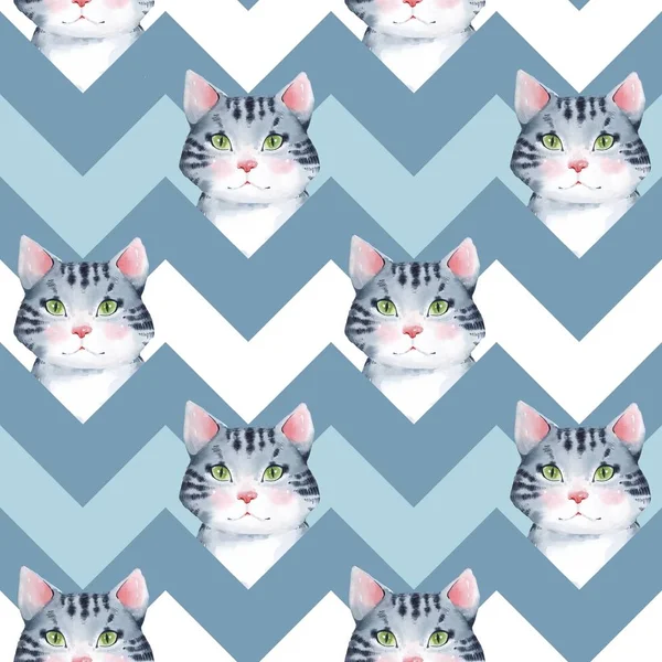 Watercolor cute cats, Seamless pattern