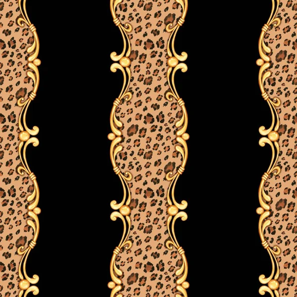 Seamless leopard pattern and golden baroque elements.