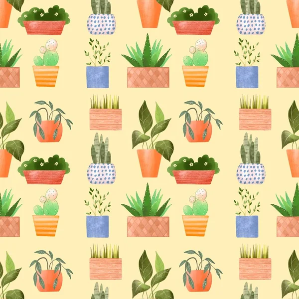 Potted plants. Cartoon seamless pattern