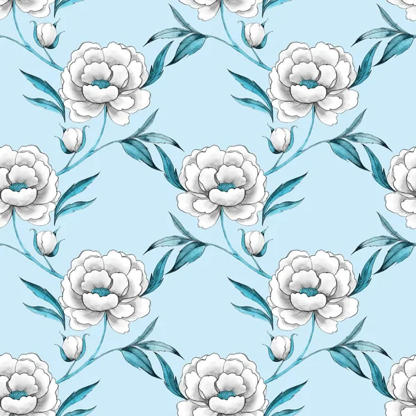 Seamless pattern with hand drawn white flowers