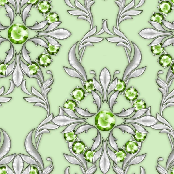 Seamless green baroque pattern with gems