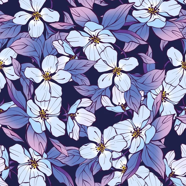 Floral pattern with blue flowers and leaves