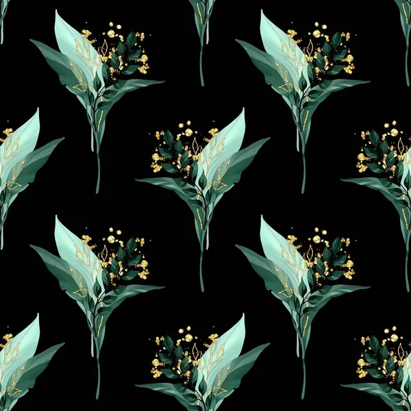Seamless pattern with leaves and branches on black