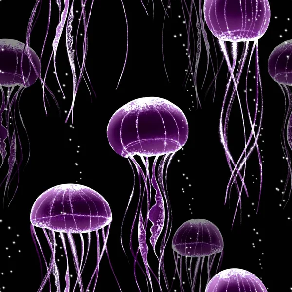 Glowing jellyfish. Seamless pattern