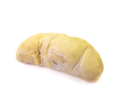 Beyaz arka planda izole edilmiş taze tatlı Durian meyvesinin yakın çekimi.